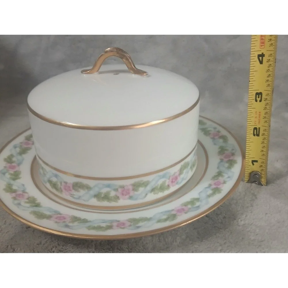 GDA‎ Limoges France Porcelain Covered Butter Dish Pink Floral Blue Ribbon Gold